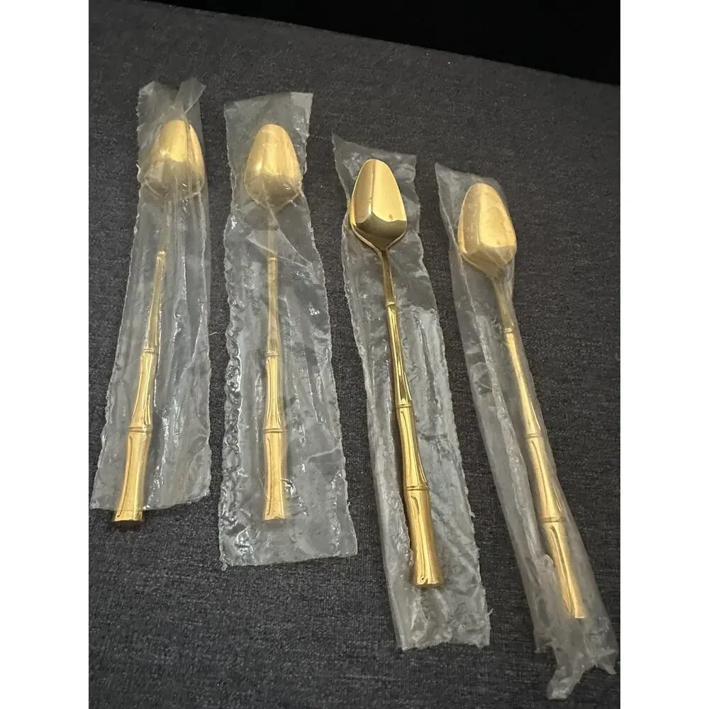 Vintage Viners Sheffield Gold Cane Bamboo 23K Gold Plate Spoons Set of 4 NOS